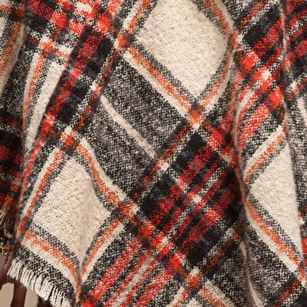 Poncho Multi Color Plaid w Frayed Fringe - Red Black & White - Picture 6 of 6
